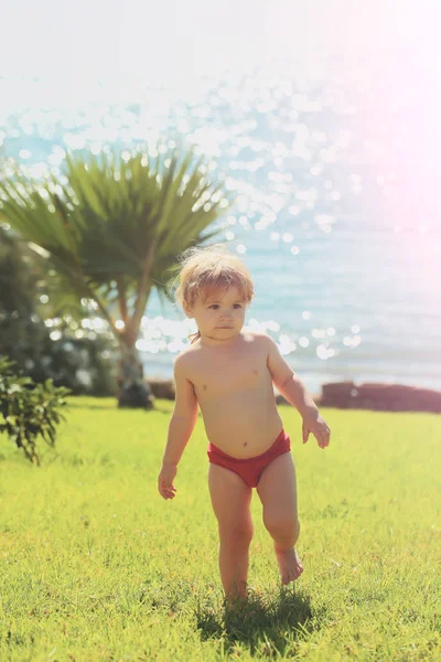 かわいい赤ちゃん少年は緑の草の上を歩く — ストック写真