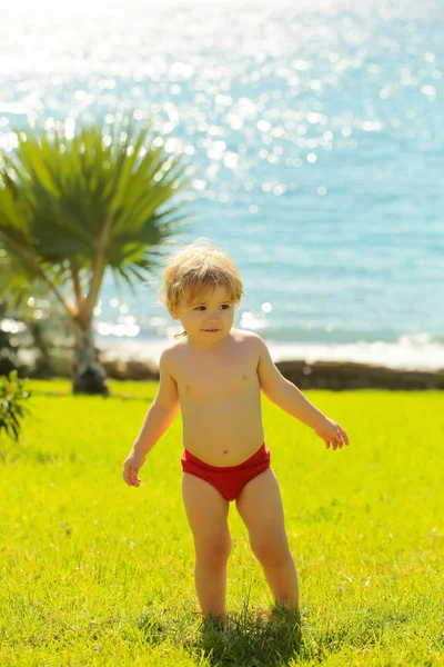 Carino allegro bambino cammina su erba verde — Foto Stock