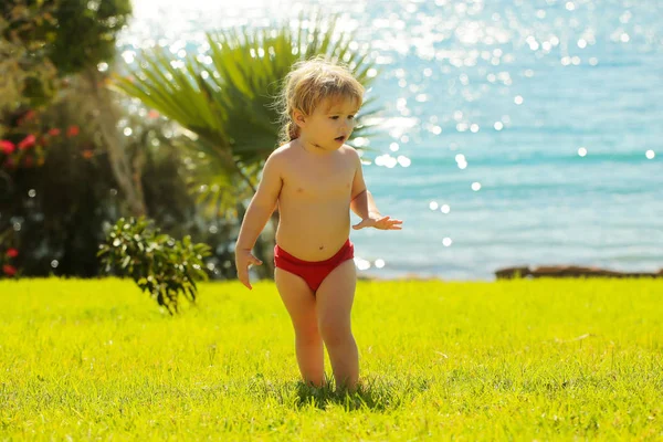 Carino sorpreso bambino cammina su erba verde — Foto Stock