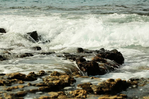 Vacker grå havet stormigt vågor stänk mot svart steniga stranden — Stockfoto