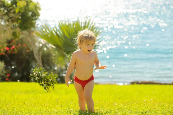 Carino sorpreso bambino cammina su erba verde — Foto Stock