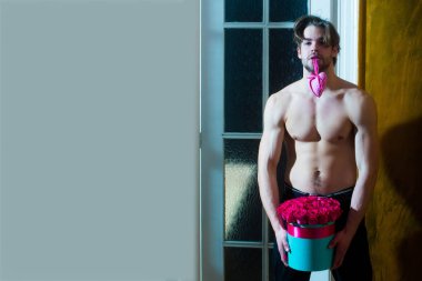 Sakallı kaslı adam seksi vücut ile kırmızı gül kutusu tutar