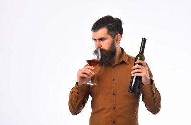 sakallı adam hipster şarap şişesi, kahverengi gömlekli cam ile