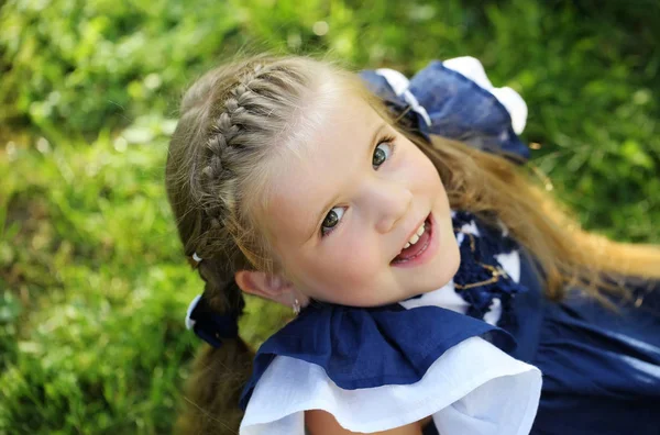 Gelukkig schattig meisje met vlecht haren glimlachend op groen gras — Stockfoto