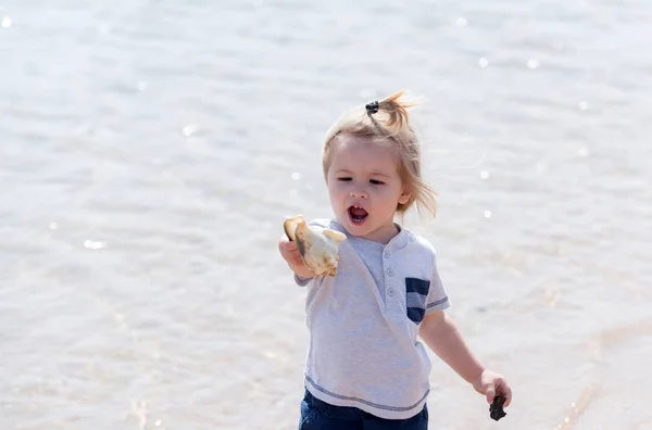 Heureux bébé garçon mignon souriant avec coquille marine à la main — Photo