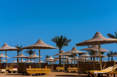 Hasır şemsiyeler ve mavi gökyüzü tropikal yeşil palmiye ağaçlarının