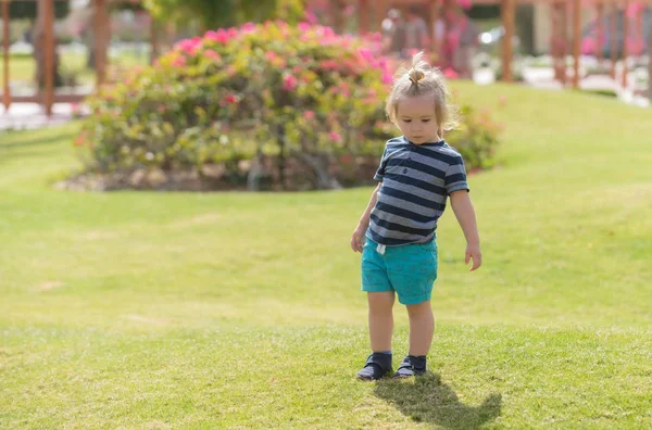 緑の芝生で遊ぶかわいい男の子 — ストック写真