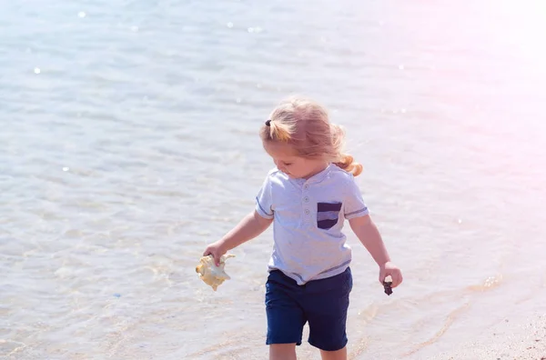 Fröhliche süße Baby-Junge lächelnd mit Marine Shell in der Hand — Stockfoto