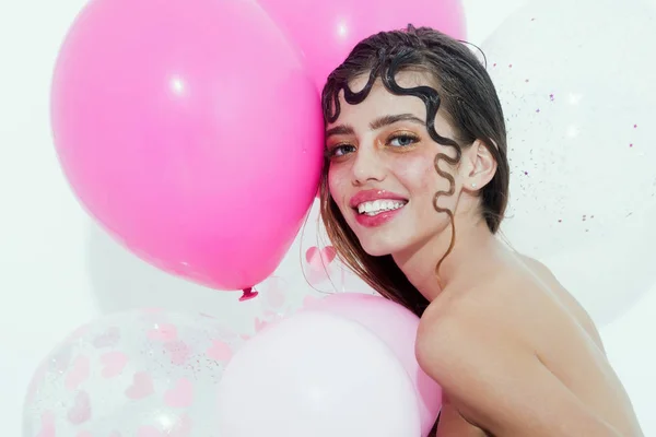 Glad söt flicka med party ballonger — Stockfoto