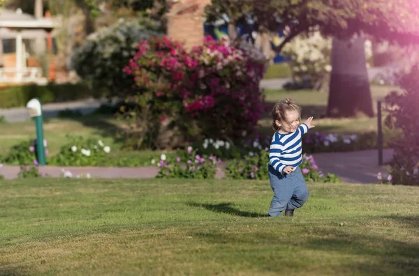 Gelukkig schattige babyjongen spelen op gras — Stockfoto