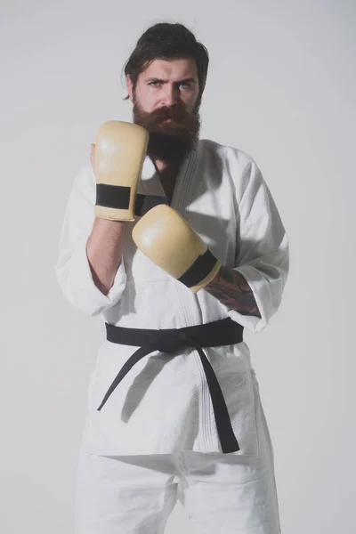 Skäggiga allvarliga karate man i kimono och boxning handskar — Stockfoto