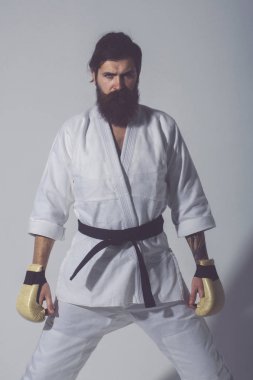 ciddi karate erkek kimono ve boks eldivenleri sakallı