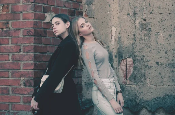 Kızlar dokulu tuğla duvar, güzellik ve moda — Stok fotoğraf