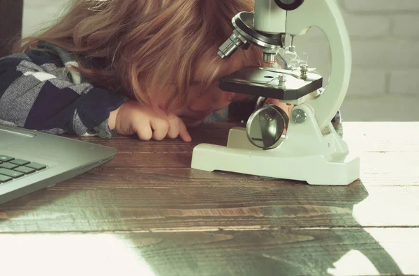 Bambino intelligente con laptop e microscopio studio sul posto di lavoro educativo — Foto Stock