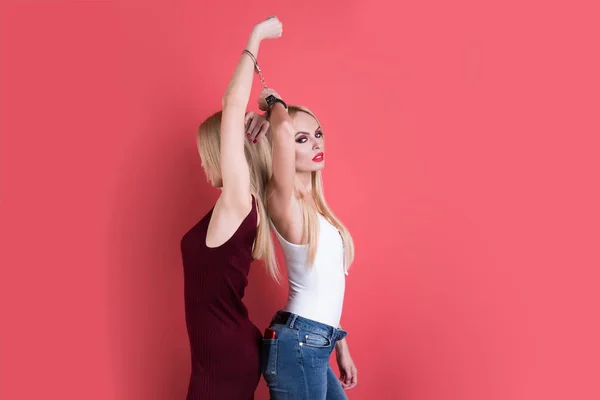 Vackra kvinnor tvillingar, vänner med ljus makeup — Stockfoto