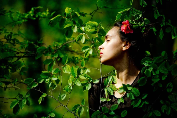 Γυναίκα με το λουλούδι στα μαλλιά στο πράσινο δέντρο φύλλα — Φωτογραφία Αρχείου