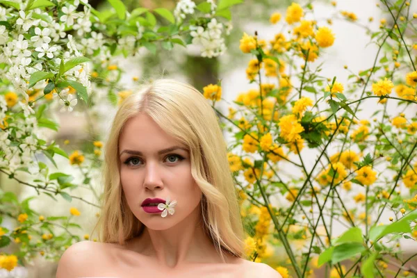 Menina bonita segurar flor de cereja na árvore florescente, jardim de primavera — Fotografia de Stock