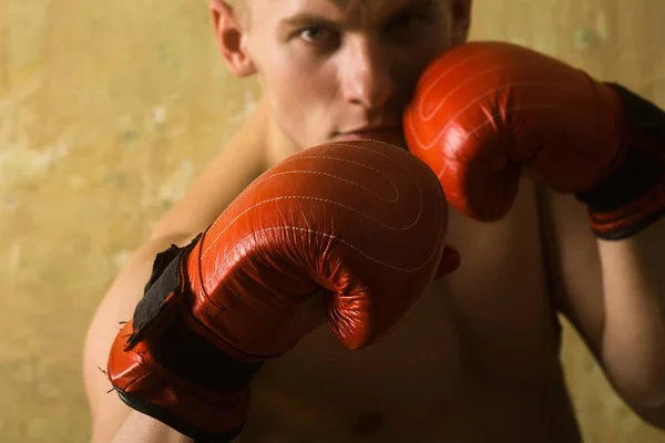 Boxeador, homem, com peito nu em vermelho, luvas de perfuração — Fotografia de Stock