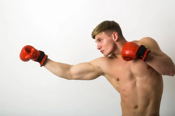 Vechter, man bokser, poseren in rode handschoenen in boksen houding — Stockfoto