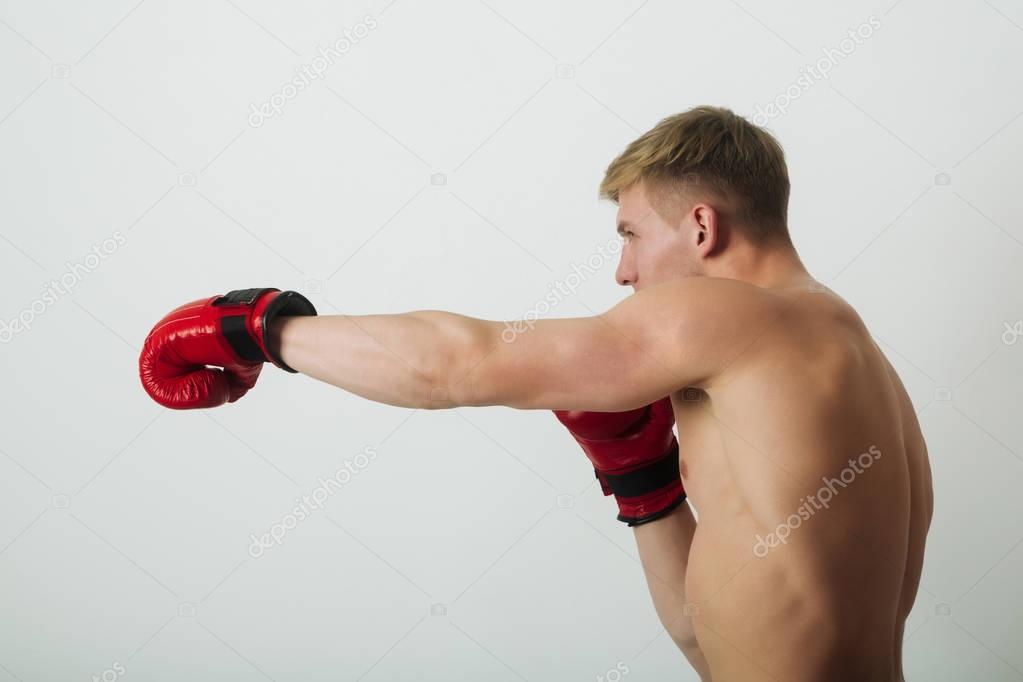 boxer, man, posing in red gloves in boxing stance