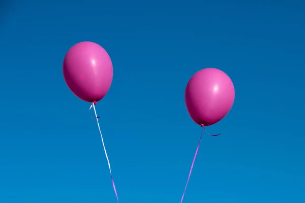 Dois balões rosa voar no fundo do céu azul, espaço de cópia — Fotografia de Stock