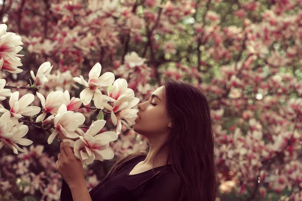 愛らしい少女の木からピンク、開花、マグノリアの花の臭いがします。 — ストック写真