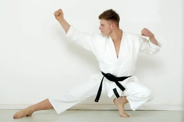 Fighter, stark karate poserar i låg fighting stance — Stockfoto