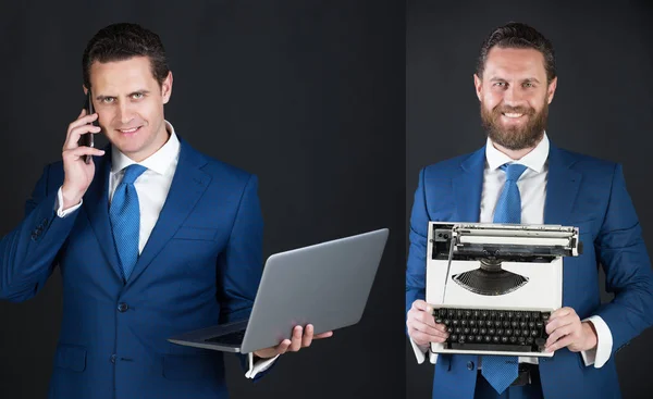 Бизнесмен с телефоном, ноутбуком и печатью — стоковое фото
