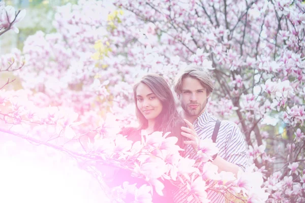 Casal apaixonado, homem e menina desfrutando flor de magnólia — Fotografia de Stock