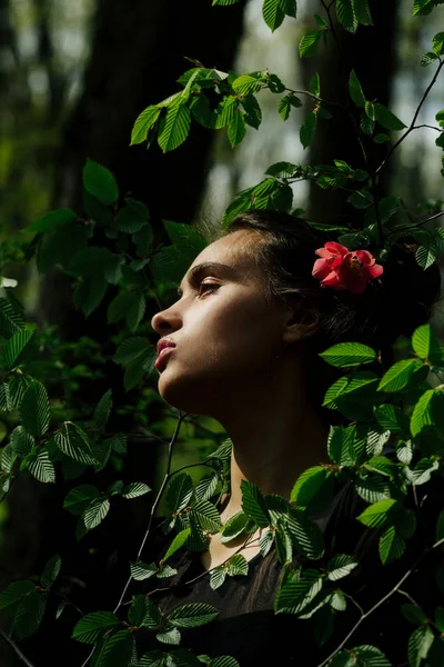 Femme posant avec fleur en cheveux bruns en bois — Photo