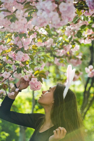 Kvinna med rosiga bunny öron lukta sakura blommor från träd — Stockfoto