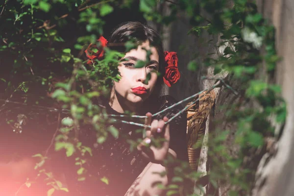 Meisje met de rode lippen en rozen in haar — Stockfoto