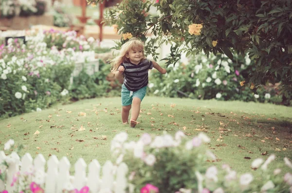 Ребенок или счастливый маленький мальчик на открытом воздухе возле белого деревянного забора — стоковое фото