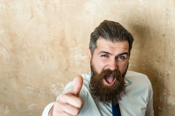 Bebaarde man of hipster met lange baard op blij gezicht — Stockfoto