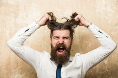 sakallı adam veya hipster uzun sakallı yüzü bağırarak