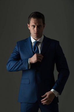 Şık takım elbise poz şık saçlı CEO'su adam