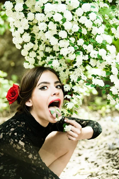 Bella ragazza con trucco spagnolo alla moda, rosa fiore in capelli — Foto Stock