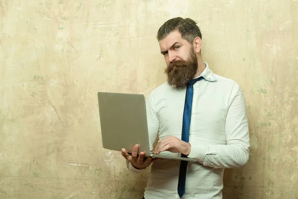 Affärsman med långt skägg arbete på laptop — Stockfoto