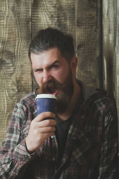 Brutal bearded hipster holding plastic coffee cup — Stock Photo, Image