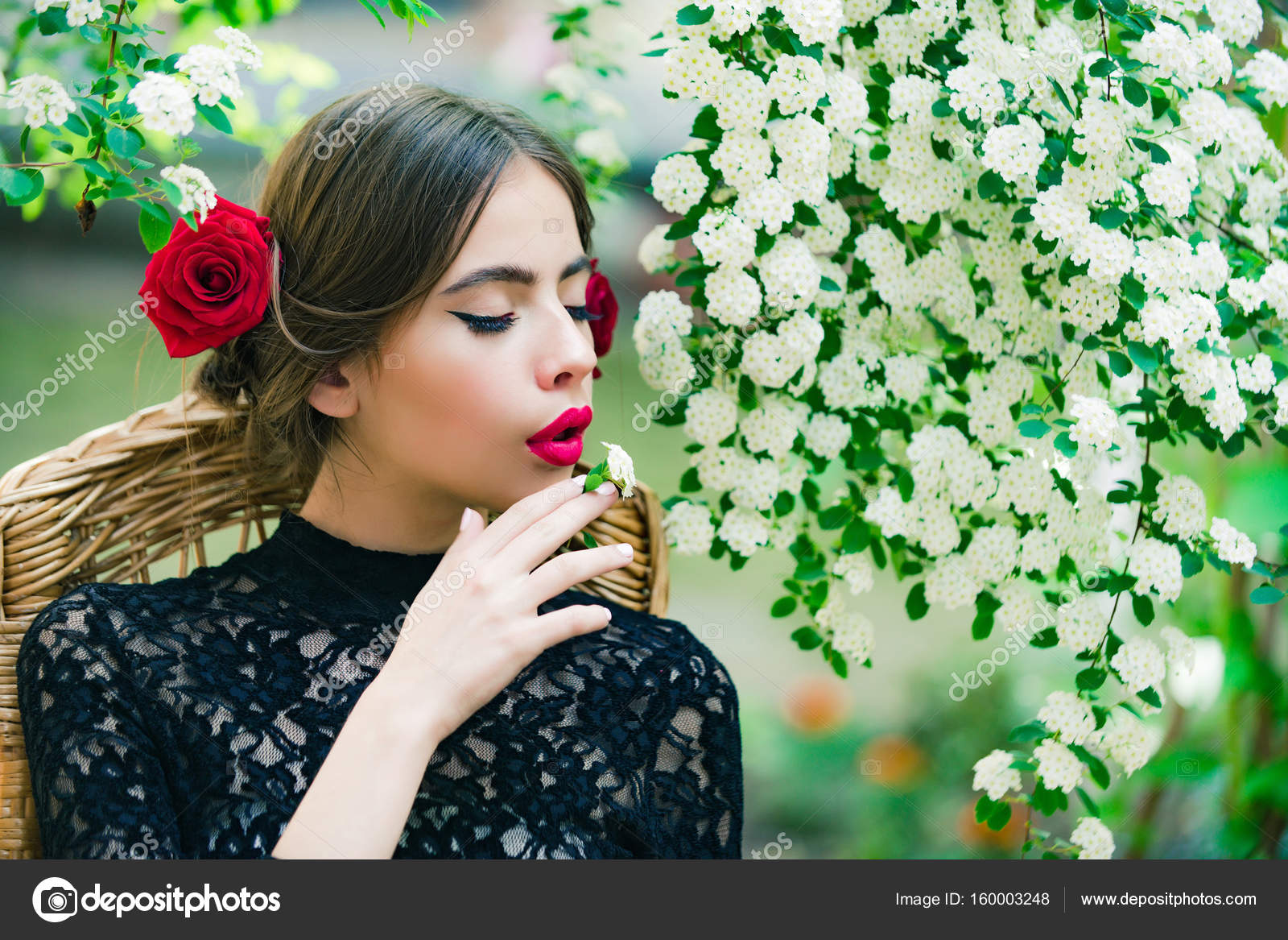 Girl with white flower in mouth on thoughtful face Stock Photo by © 160003248 Girl with white flower in mouth on thoughtful face Stock Photo by © 160003248