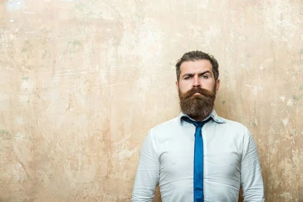 Hipster u hombre barbudo con barba larga en la cara seria —  Fotos de Stock