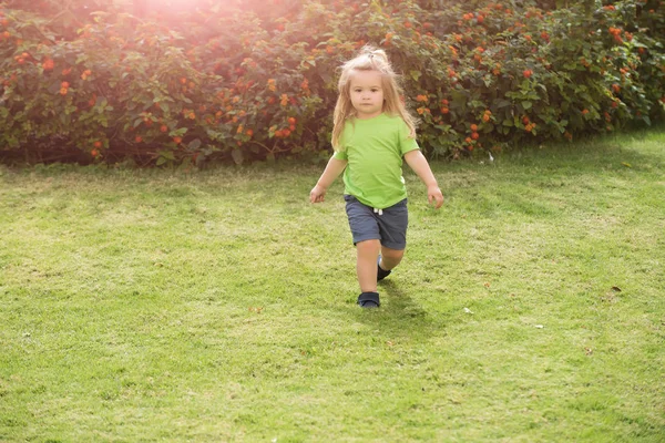 Niño pequeño niño con cara linda seria caminando a lo largo del prado —  Fotos de Stock