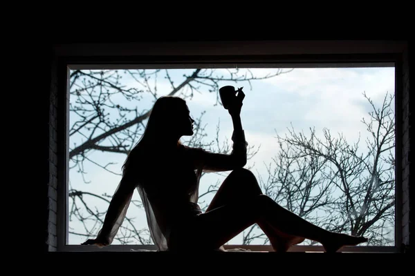 Mujer con en vestido que pone en la ventana . — Foto de Stock