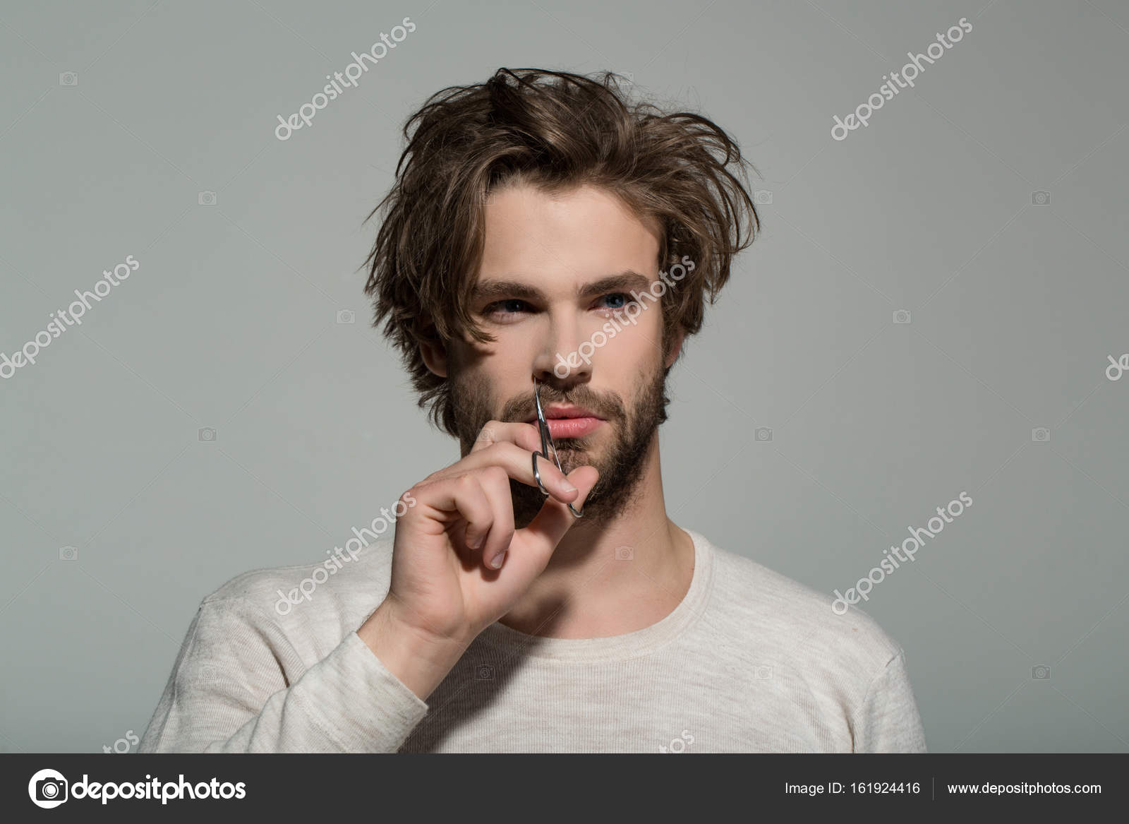 Man Cut Nose Hair With Scissors Stock Photo C Tverdohlib Com