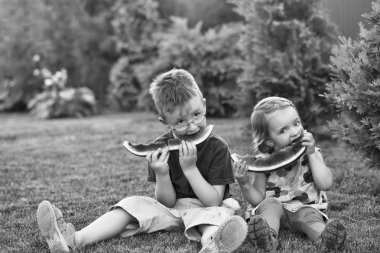 küçük çocuklar çimlerde karpuz yeme