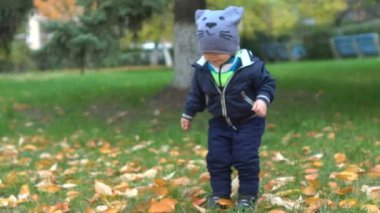 Çocuk atlama sonbahar Parkı. Şirin çocuk komik kedi şapka atlar ve sonbahar Bahçe yürüyüşleri ile sarı yapraklar, çimenlerin üzerinde yürüyüş doğa, spor, takipçiliği ve geliştirme. Sonbahar havalarda mutlu çocukluk