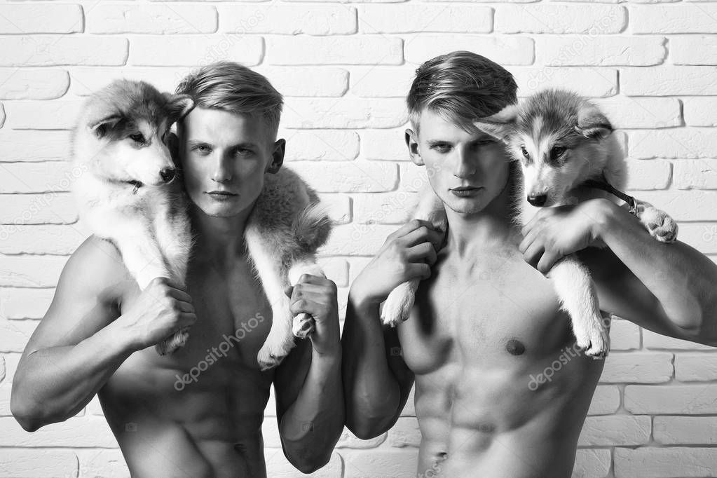 twins with husky dogs