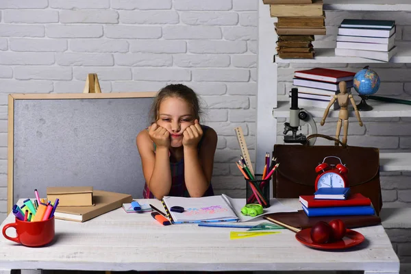 Back to school and childhood concept. Kid and school supplies — Stock Image Back to school and childhood concept. Kid and school supplies Stock Photo