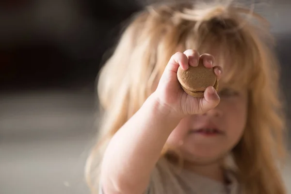 Mão infantil com biscoitos que mantêm por dedos do pequeno rapaz — Fotografia de Stock