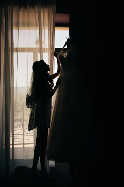Silhueta de noiva com cabelos longos morena . — Fotografia de Stock